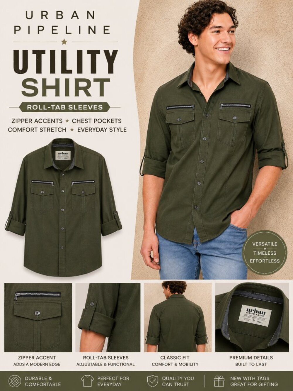 Urban Pipeline Olive Utility Shirt Roll Tab Zipper Pocket Casual Button Up Men S